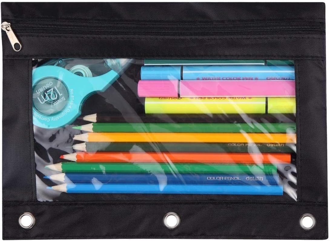 3 Ring Binder Pencil Pouch with Zipper for School and Office（1 PCS, Black)