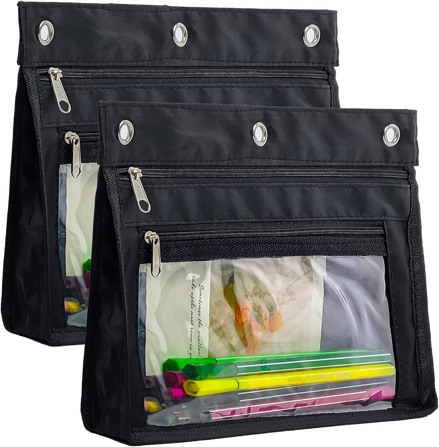 1inch Expandable Pencil Pouch for 3 Ring Binder,Large Capacity Pencil Pouch with Zipper, Three Ring Clear Binder Pencil Case Suitable for School and Office（Black,  1 Pack ）