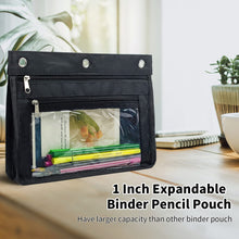 Load image into Gallery viewer, 1inch Expandable Pencil Pouch for 3 Ring Binder,Large Capacity Pencil Pouch with Zipper, Three Ring Clear Binder Pencil Case Suitable for School and Office（Black,  1 Pack ）
