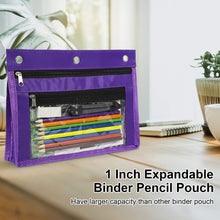 Load image into Gallery viewer, 1inch Expandable Pencil Pouch for 3 Ring Binder, Large Capacity Pencil Pouch with Zipper, Three Ring Clear Binder Pencil Case Suitable for School and Office（Purple, 1 Pack）
